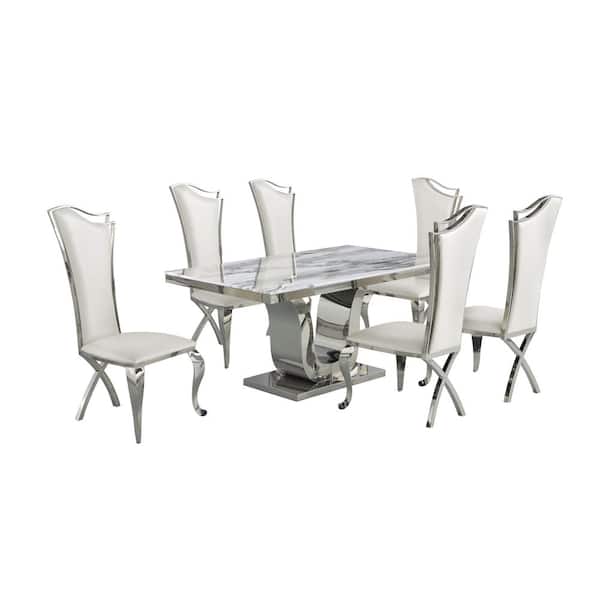 Best Quality Furniture Ada 7-Piece White Marble Top with Stainless Steel Base Table Set with 6-Long Back White Faux Leather Chairs