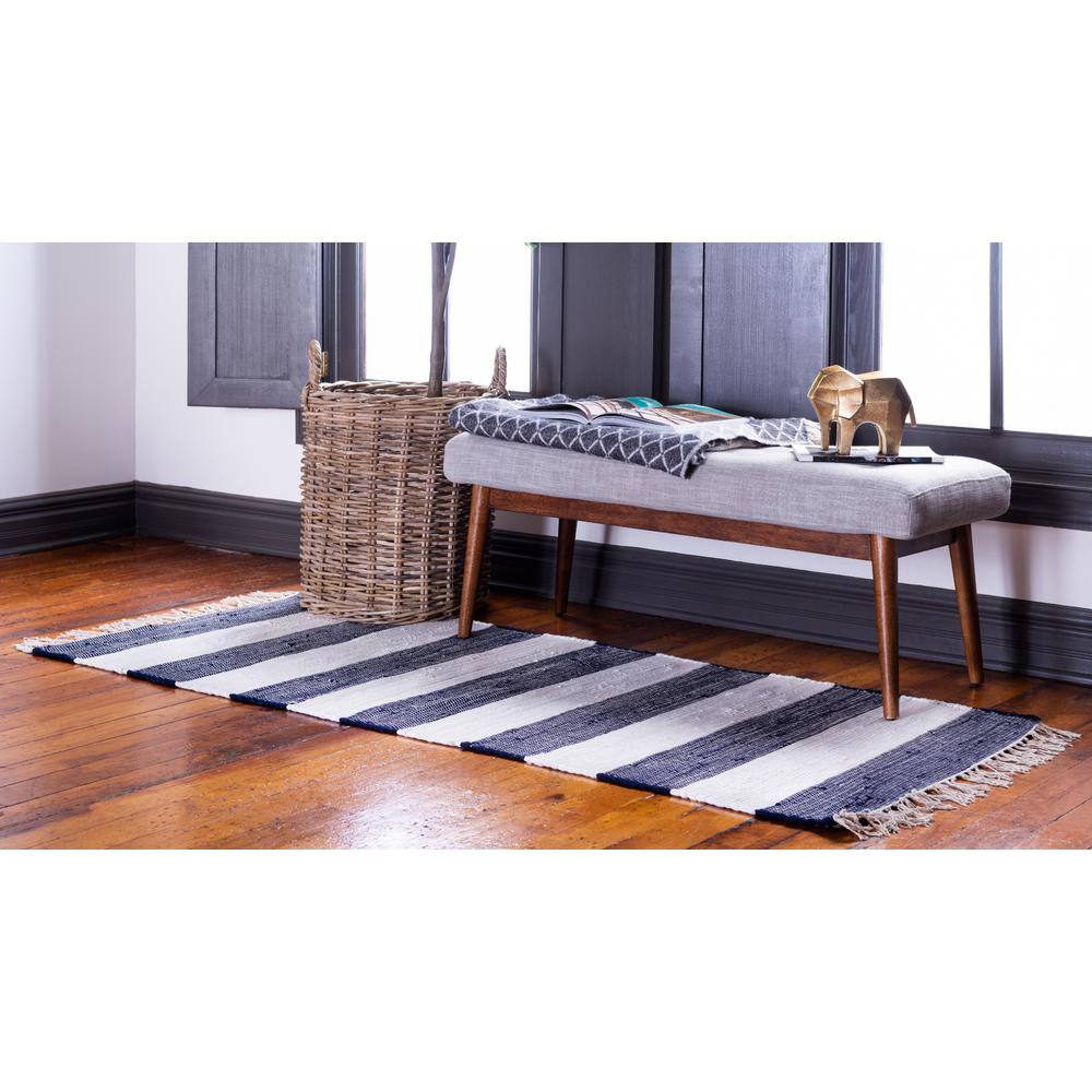 Handwoven Navy Blue Stripe Indoor Runner with Recycled Cotton