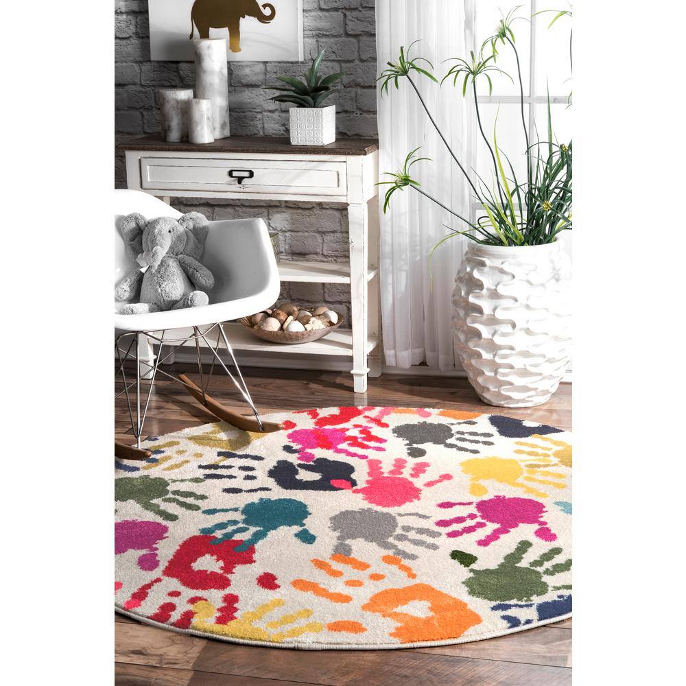 Multicolor Handprint Round Synthetic Kids Rug