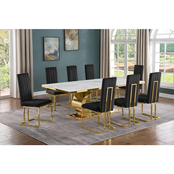 Best Quality Furniture Ibraim 9-Piece Rectangle White Marble Top Gold Stainless Steel Dining Set with 8 Black Velvet Gold Chrome Iron Chair
