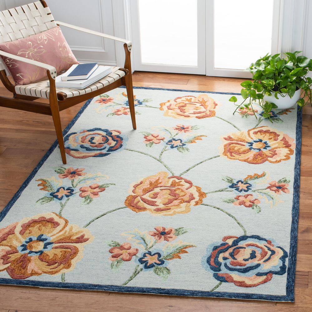 Handmade Blue Floral Wool Tufted Area Rug, 5' x 8'