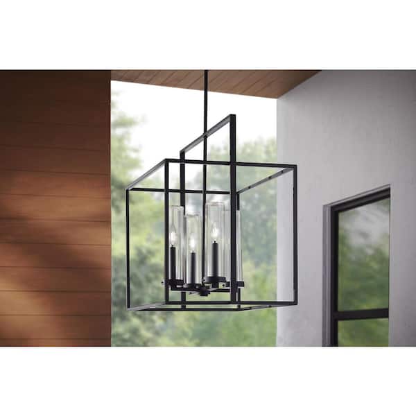 Haven View Modern 4-Light Black Double Frame Outdoor Chandelier with Clear Glass