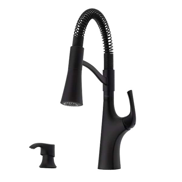 Pfister Ladera Culinary 1-Handle Pull Down Sprayer Kitchen Faucet with Deck Plate and Soap Dispenser in Matte Black