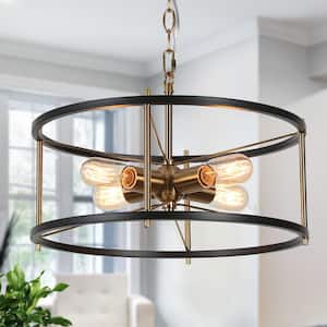 Cucko 4-Light Plated Brass Modern Drum Chandelier Lighting, Black Cage Pendant Light, Industrial Hanging Light Fixture