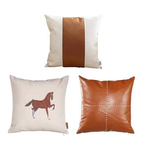 Country Embroidered Horse Boho Set of 3 Throw Pillow Cover 18" x 18" Vegan Faux Leather Solid Beige & Brown Square