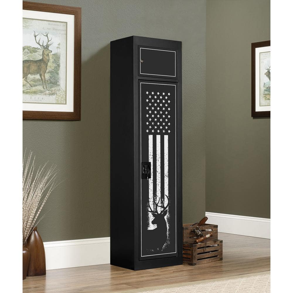 Black Metal 5-Rifle Locking Gun Storage Cabinet with Pistol Compartment