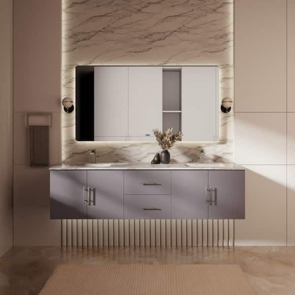 Geneva 72 in. W x 22 in. D Dark Grey Double Bath Vanity and Carrara Marble Top