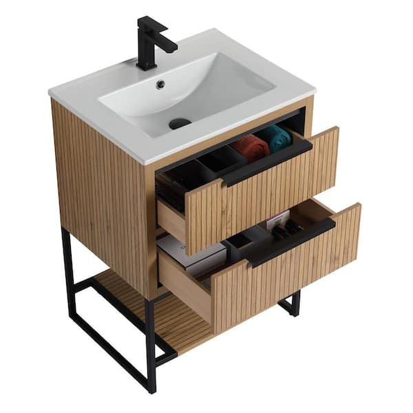 Kingsford 24 in. Freestanding Bath Vanity in Bright Oak with Drawers and White Ceramic Sink Top