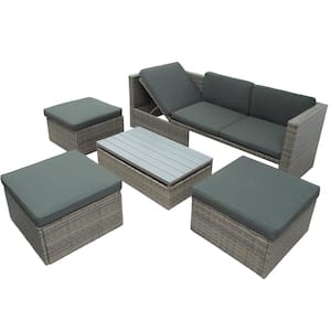 5-Piece Patio Wicker Sofa Backrest Ottomans and Lift Top Coffee Table with Adustable Gray Cushion