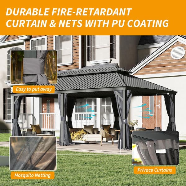 14 ft. W x 20 ft. D Grey Outdoor Hardtop Gazebo with Drainage, Double Galvanized Steel Roof, Curtains and Netting