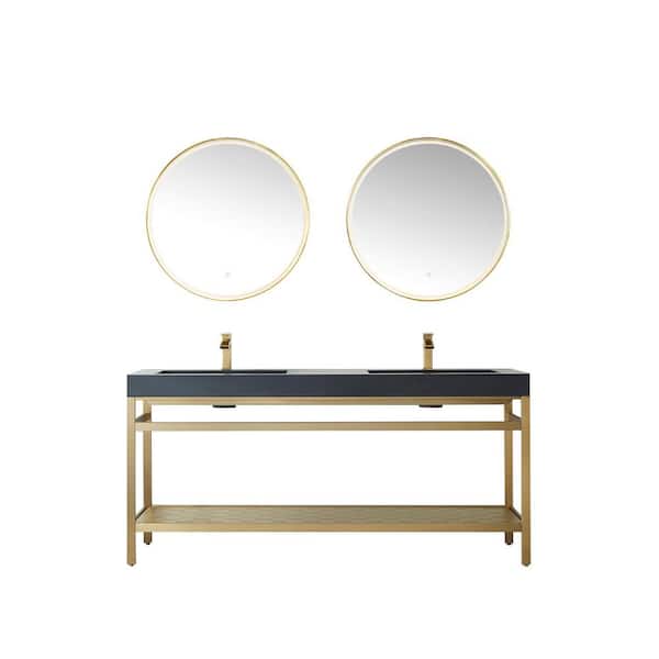 ROSWELL Ablitas 72 in. W x 20 in. D x 34 in. H Double Sink Bath Vanity in Brushed Gold with Black Composite Stone Top and Mirror