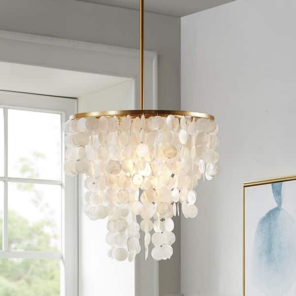 Urban Habitat 1-Light White Capiz Shell Layered Pendant Chandelier for Living Room (No Bulb Included）