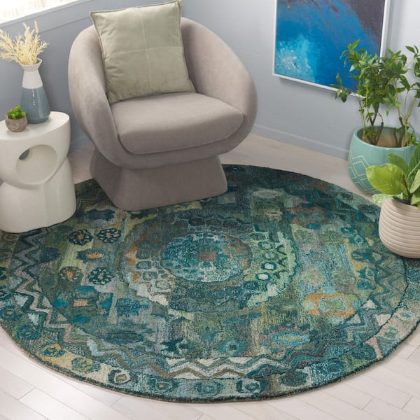 Anatolia 6 ft. x 6 ft. Aqua/Green Abstract Traditional Round Area Rug