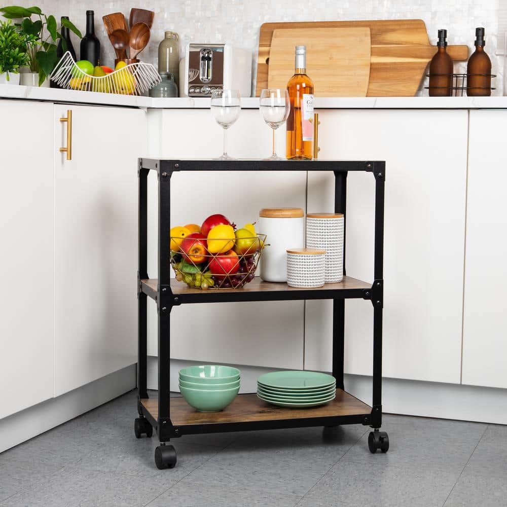 Elegant Black Metal 3-Tier Rolling Storage Cart with Wood Shelves