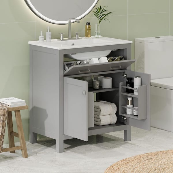 Unbranded 30 in. W x 18.3 in. D x 33.59 in. H Freestanding Bath Vanity in Gray with White Ceramic Sink Top