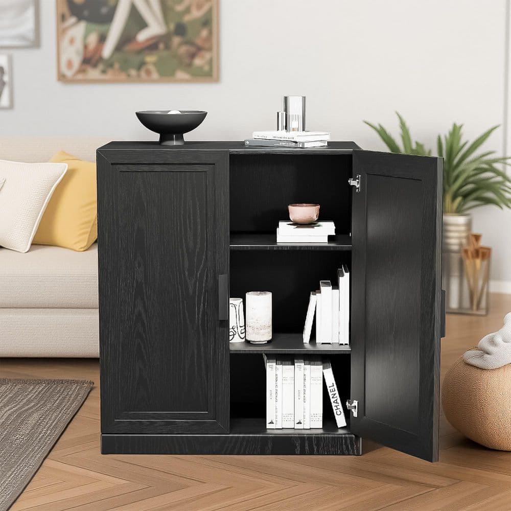36 in. Tall Black Wood Grain Wood 2-Shelf Standard Bookcase with Storage