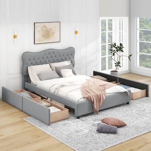 Gray Wood Frame Full Size PU Upholstered Platform Bed with Button-Tufted Headboard, 4-Drawers, Nail Head Trim