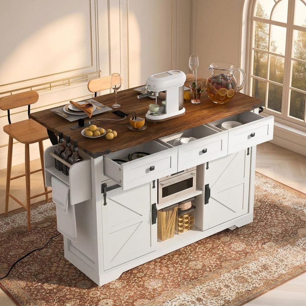 Farmhouse White Wood 53.75 in. Power Outlet Drop Leaf Rolling Kitchen Island Cart with 3-Drawer and 2-Sliding Barn Doors