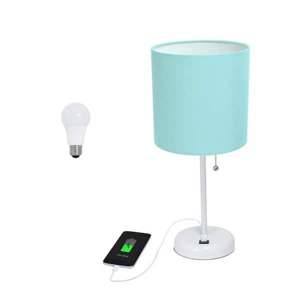 Creekwood home 19.5 in. Contemporary Bedside USB Port Base Standard Metal Table Desk Lamp in White, Aqua Shade, with LED Bulb