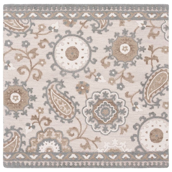 Blossom 6 ft. x 6 ft. Gray/Beige Paisley Floral Square Area Rug
