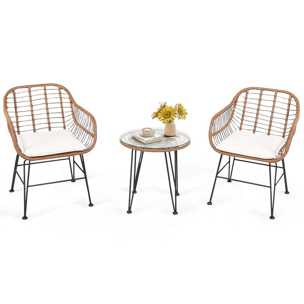 3 Piece Wicker Patio Rattan Furniture Set Outdoor Bistro Set with Round Glass Top Table and 2 Armchairs White Cushions price history on PriceWatchPro