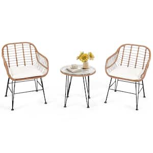 3 Piece Wicker Patio Rattan Furniture Set Outdoor Bistro Set with Round Glass Top Table and 2 Armchairs White Cushions