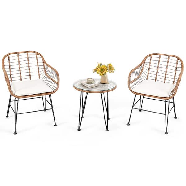 HONEY JOY 3 Piece Wicker Patio Rattan Furniture Set Outdoor Bistro Set with Round Glass Top Table and 2 Armchairs White Cushions