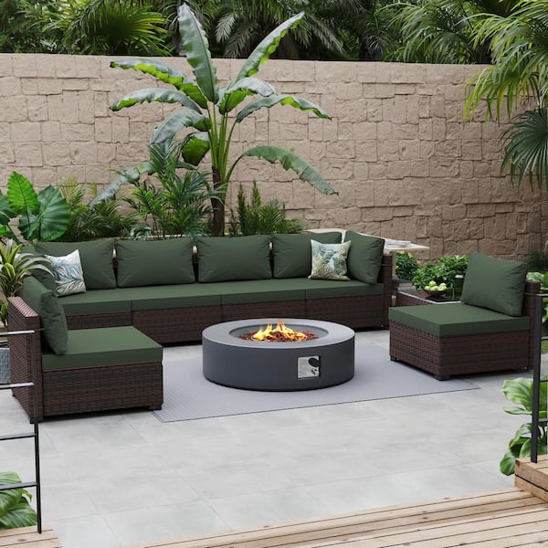 PATIO WATCHER 8-Piece Wicker Patio Conversation Set with Cushions and 42 in. Outdoor Round Fire Pit Table, Pine Green Cushions
