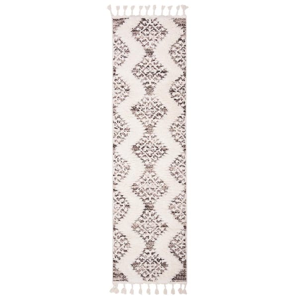 SAFAVIEH Moroccan Tassel Shag Ivory/Brown 2 ft. x 6 ft. Geometric Runner Rug