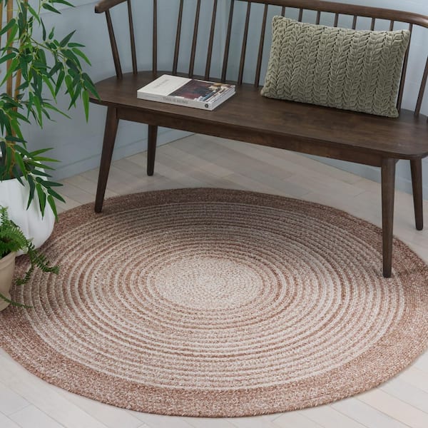 Braided 4 ft. x 4 ft. Tan Border Striped Gradient Round Area Rug