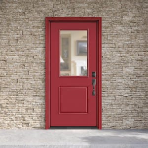 Performance Door System 36 in. x 80 in. 1/2 Lite Clear Left-Hand Inswing Red Smooth Fiberglass Prehung Front Door