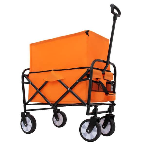 Unbranded 4 cu. ft. Heavy Duty Collapsible Foldable Wagon Cart Steel Garden Cart with 3-Pieces Plastic Liner Bag /Cover, Orange