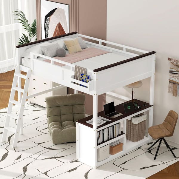 White Queen Size Wood Loft Bed with Built-in Desk, Open Shelf, USB Charging Station, and Ladder