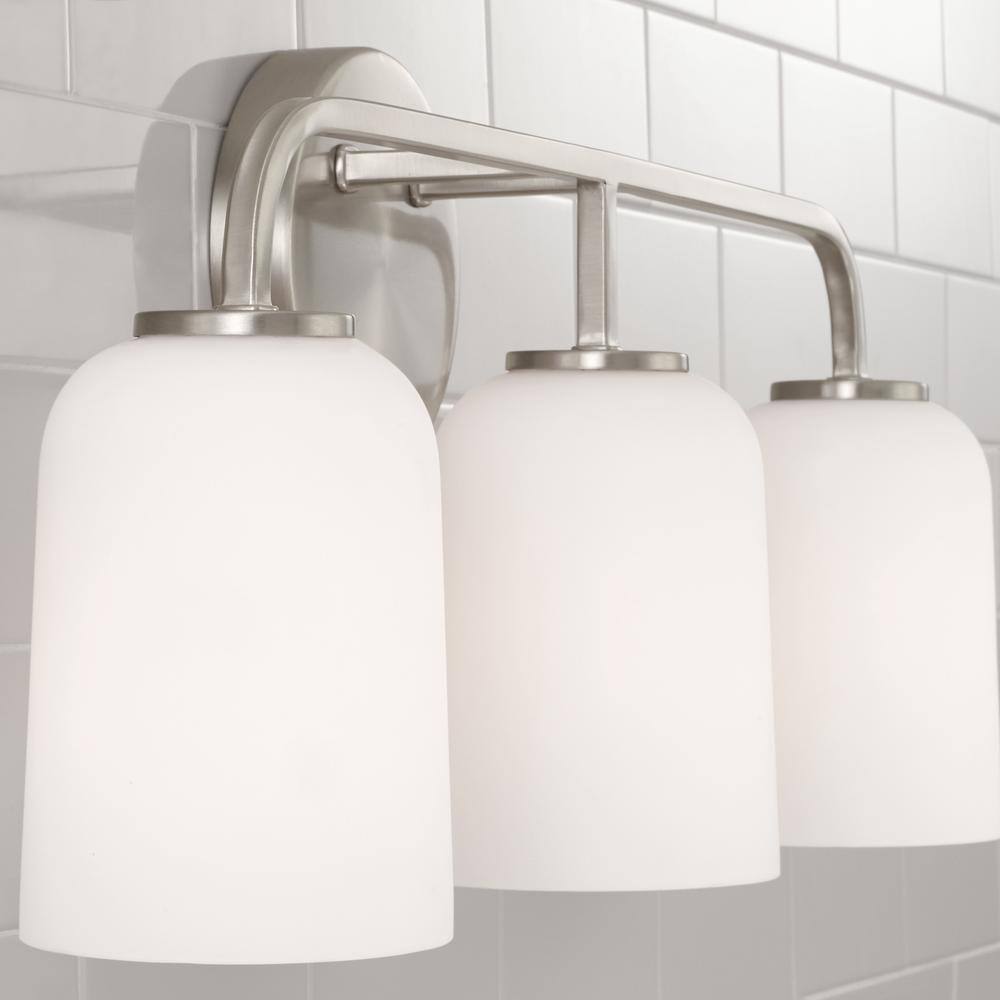 Brushed Nickel 3-Light Vanity with Soft White Glass Shades