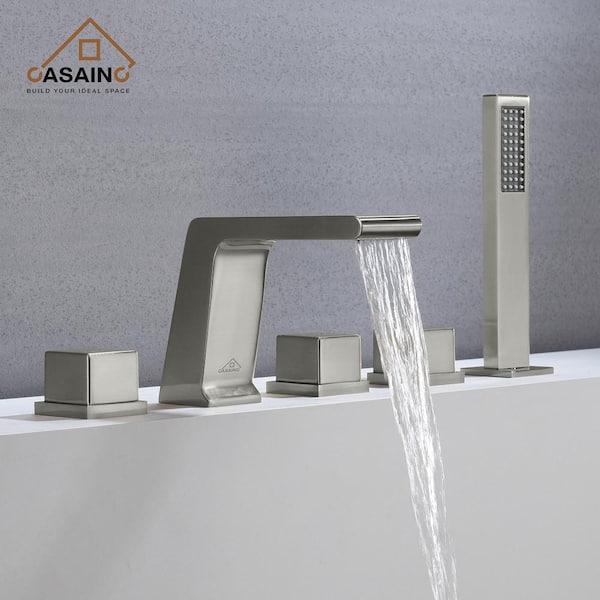 3-Handle Tub-Mount Roman Tub Faucet with Hand Shower in Brushed Nickel