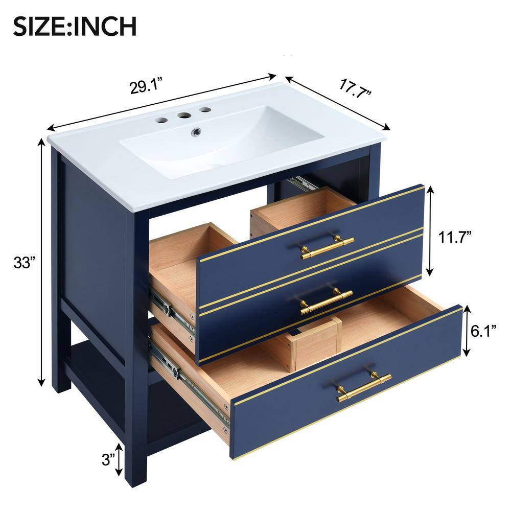 30" Blue Wood Freestanding Vanity with White Ceramic Top and Gold Accents