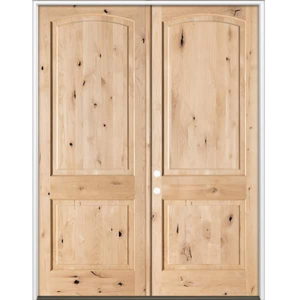 64 in. x 96 in. Rustic Knotty Alder 2-Panel Arch-Top Active Right Double Unfinished Wood Prehung Front Door