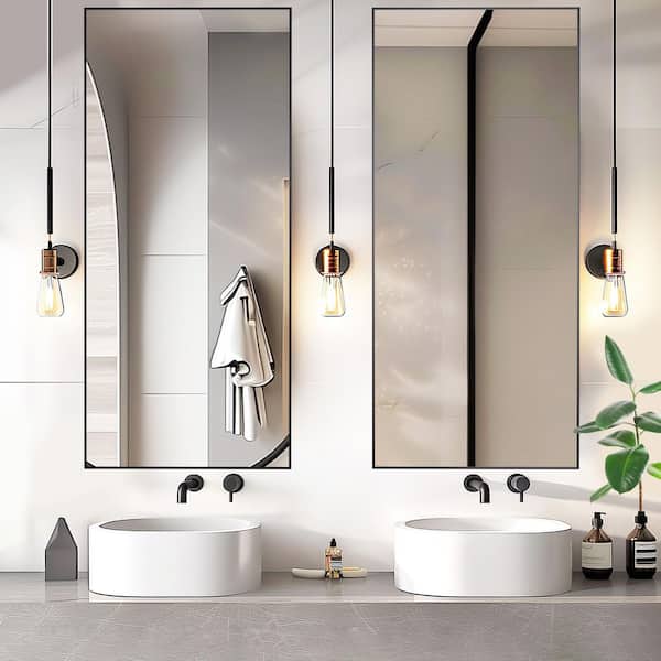 Black 22 in W x 47 in. H Rectangle Metal Thin Framed Wall-Mounted Vanity Mirror