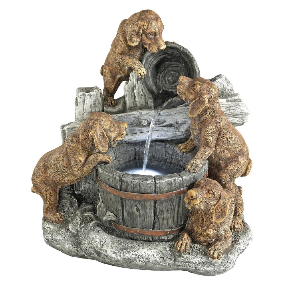 Solar Powered Resin Puppy Pail Pour Garden Fountain with LED Lights