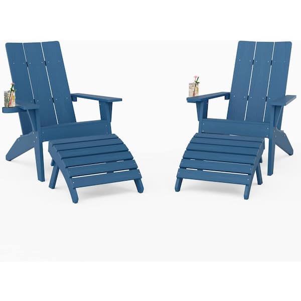 Mximu 4-Piece Oversize Modern Navy Plastic Outdoor Patio Adirondack Chair with Folding Ottoman Set