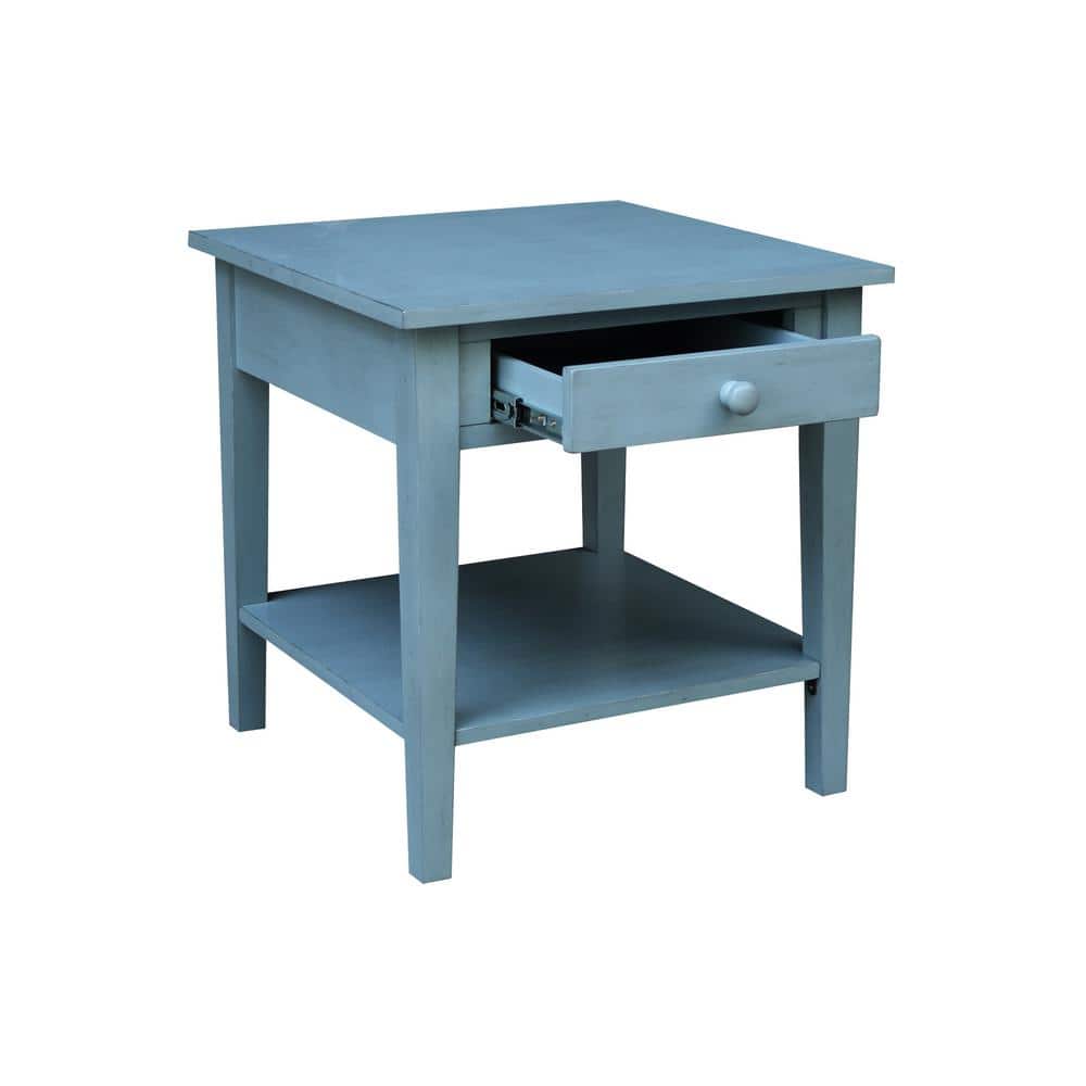 Antique Rubbed Ocean Blue Solid Wood End Table with Storage
