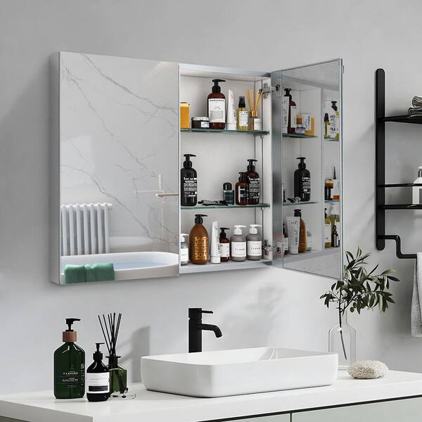 Cesicia 30 in. W x 26 in. H Silver Double Door Rectangular Aluminum Recessed Surface Mount Medicine Cabinet with Mirror MCSR30265158