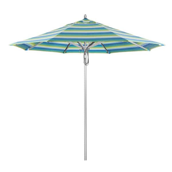 California Umbrella 9 ft. Silver Aluminum Commercial Market Patio Umbrella with Pulley Lift in Seville Seaside Sunbrella