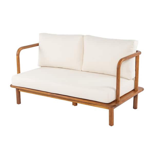 Arnelle Teak Wood Outdoor Loveseat with Beige Cushions