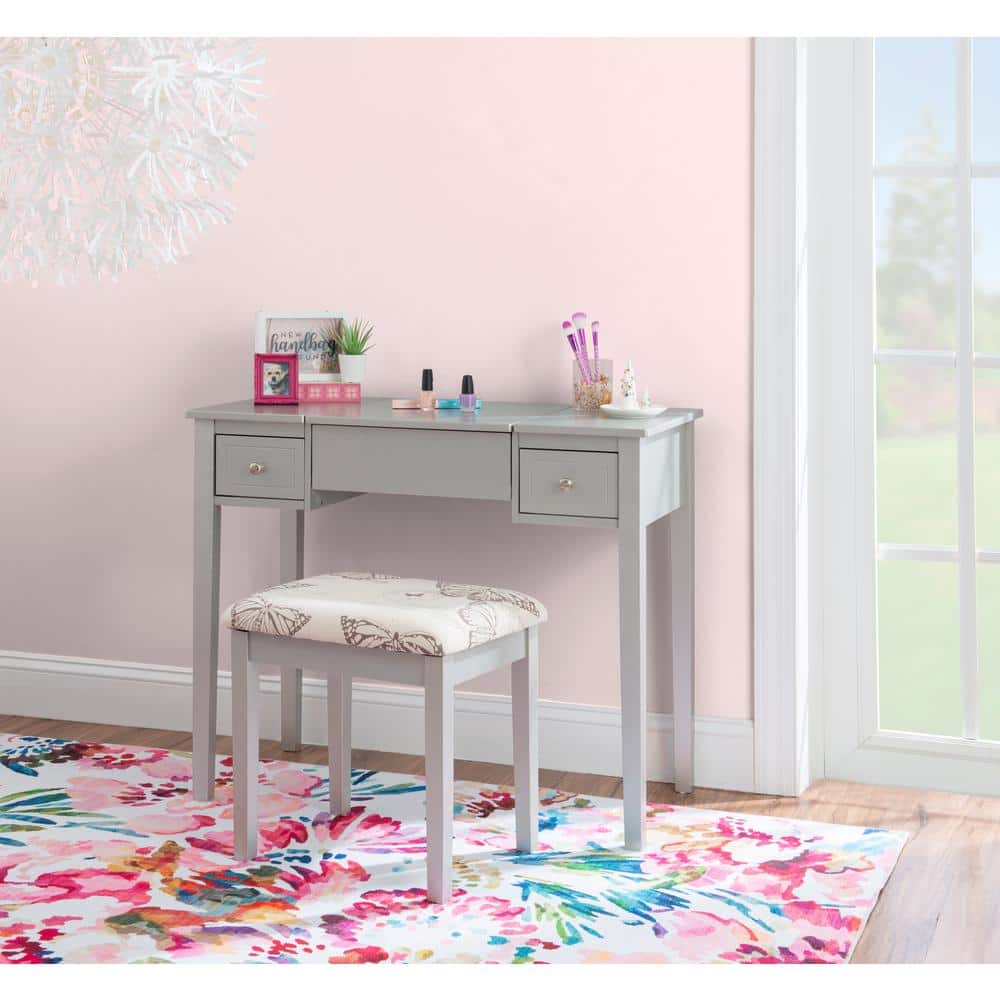 Silver Butterfly 39" Vanity Set with Padded Stool and Flip Top Mirror
