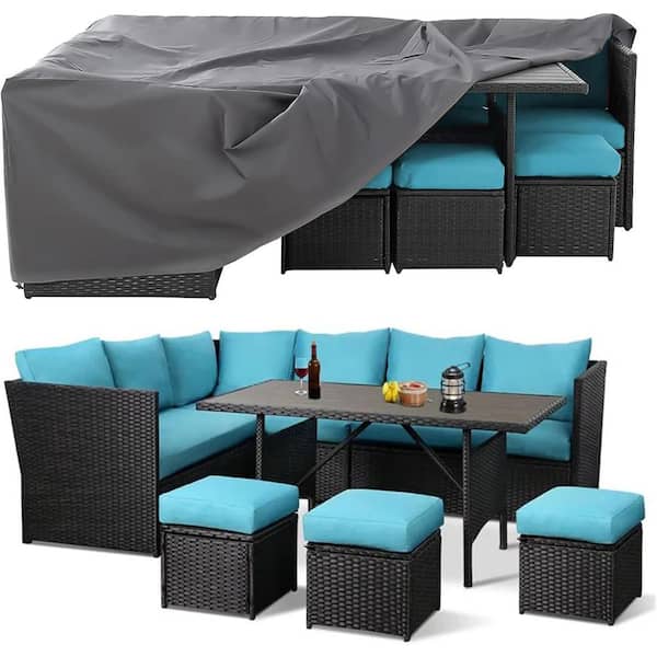 AECOJOY 7-Pieces Patio Wicker Furniture Dining Set with Blue Cushions and Cover
