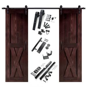 28 in. x 84 in. X-Frame Red Mahogany Double Pine Wood Interior Sliding Barn Door with Hardware Kit Non-Bypass