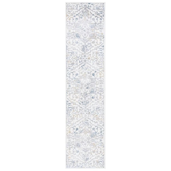 Layla 2 ft. x 9 ft. Ivory Gray/Blue Distressed Ornate Runner Rug