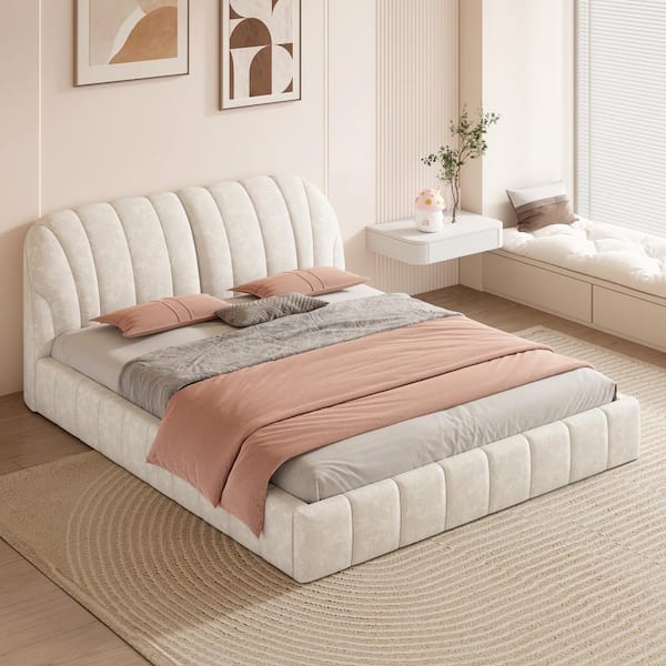 Harper & Bright Designs Beige Wood Frame Queen Size Upholstered Platform Bed with Thick Soft Headboard and Central Support Legs