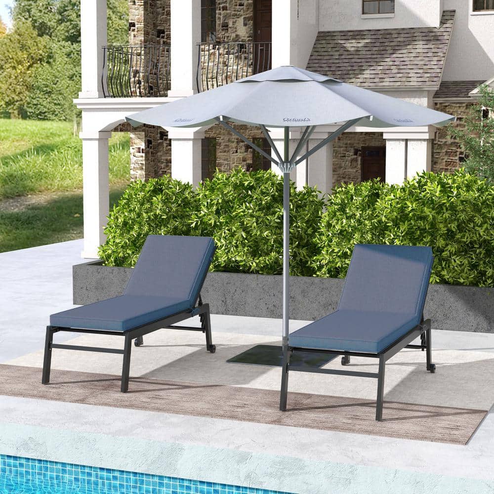 Sky Blue Polyester Patio Chaise Lounge Cushions with Ties